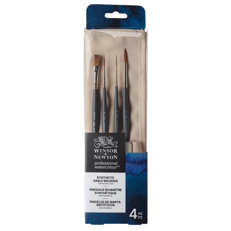 Set 4 pinceaux aquarelle synthétique rond, traînard, plat, rond pointu et étui en toile Winsor &Newton