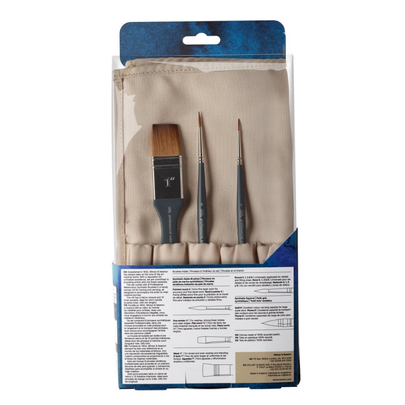 Set 8 pinceaux aquarelle synthétique rond, plat, spalter, rond pointu et étui en toile Winsor &Newton