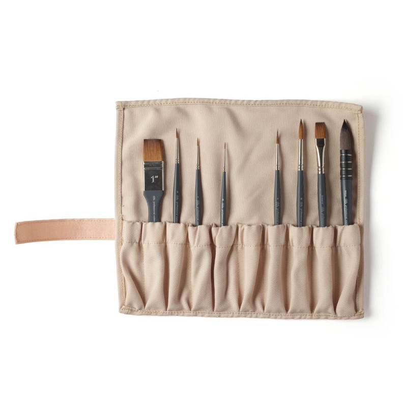 Set 8 pinceaux aquarelle synthétique rond, plat, spalter, rond pointu et étui en toile Winsor &Newton