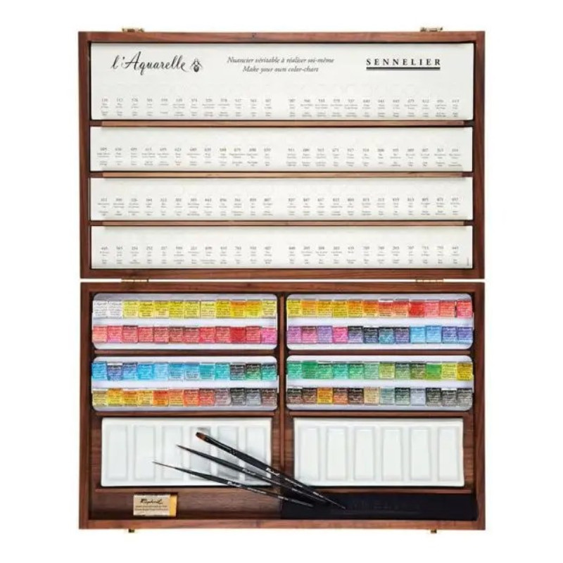 Coffret 96 ½ godets aquarelle extra fine avec 3 pinceaux, 2 palettes en porcelaine en bois Sennelier
