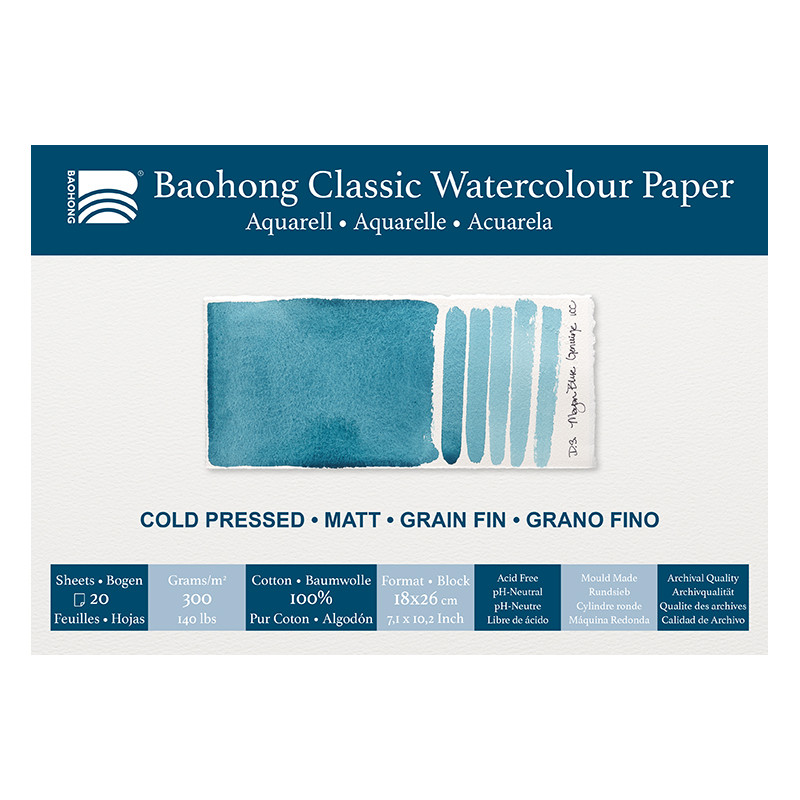 Bloc aquarelle Classic Baohong 18x26 300g 20f grain fin