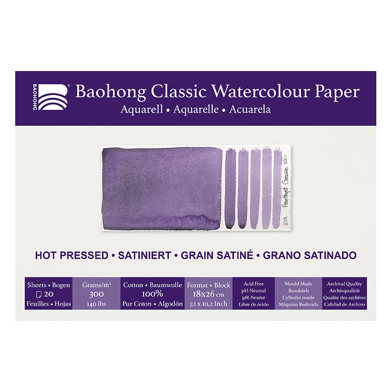 Bloc aquarelle Classic Baohong 18x26 300g 20f grain satiné