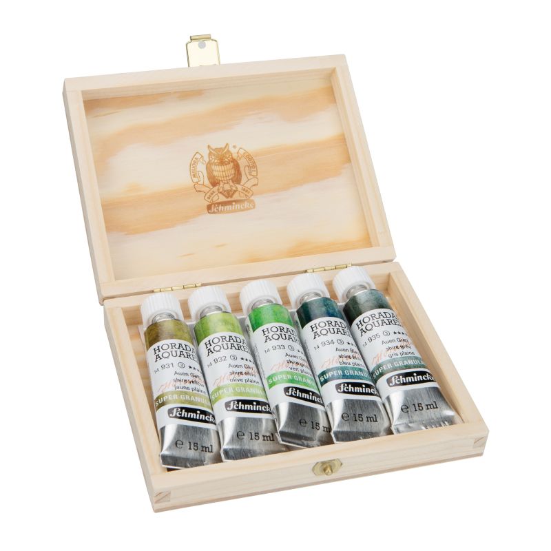 Coffret Plaine 5 tubes 15ml aquarelle super-granuleuses Horadam en bois Schmincke