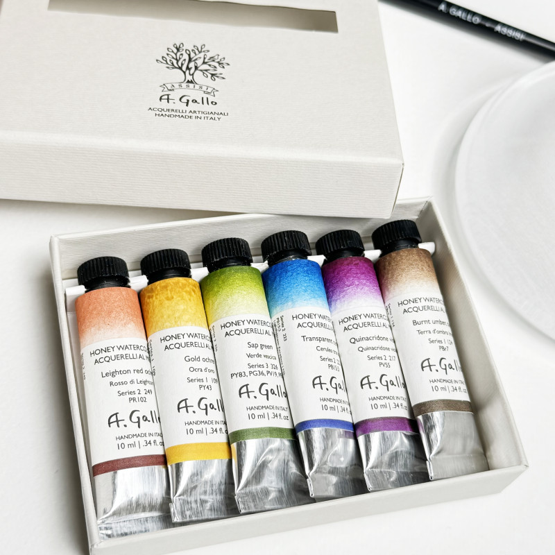 Coffret "Plein air" 6 tubes 10ml aquarelles en carton A. Gallo