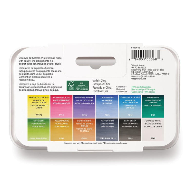 Boîte 12 ½godets aquarelle pinceau à réserve d'eau en plastique Cotman W&N