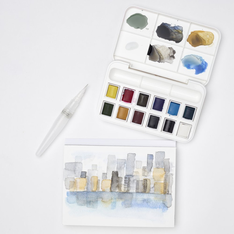 Boîte 12 ½godets aquarelle pinceau à réserve d'eau en plastique Cotman W&N