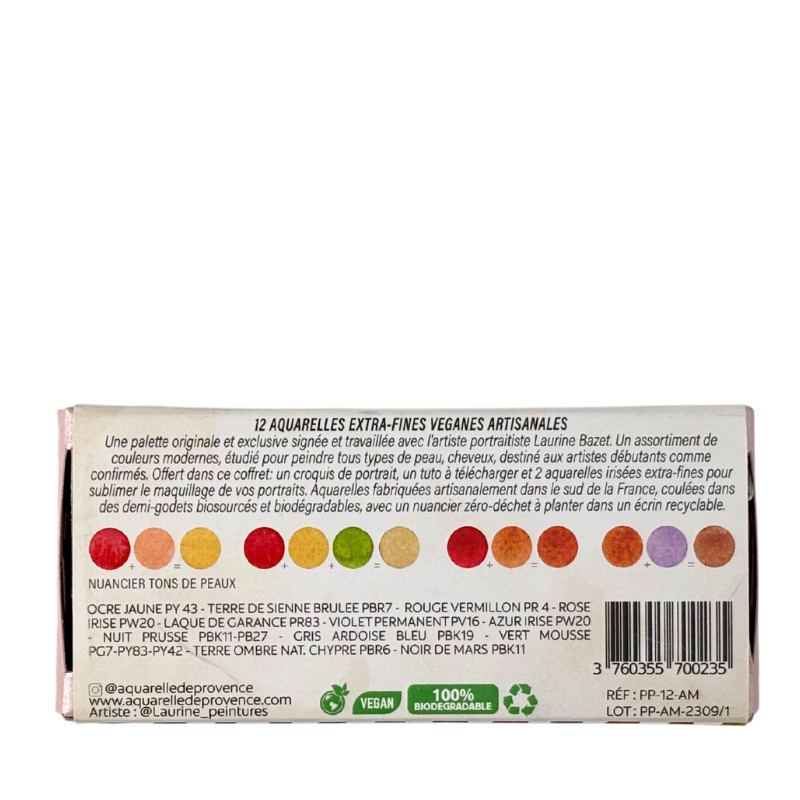 Palette Portrait 12 ½ godets aquarelles extra-fines véganes Aquarelle de Provence