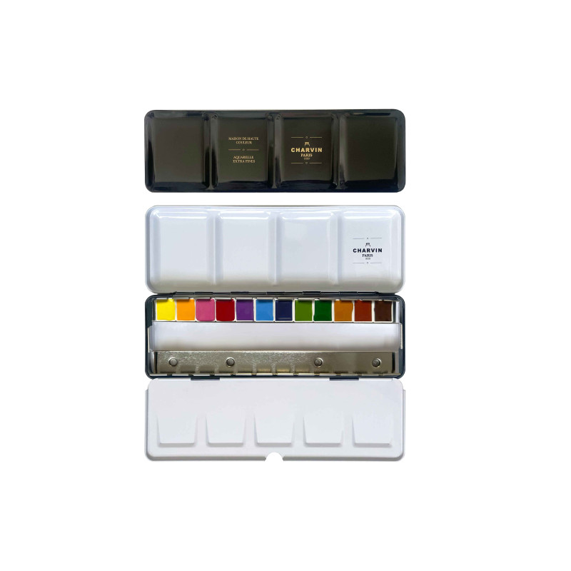 Coffret 12 ½ godets aquarelles extra-fines en métal + 12 emplacements vides + pinceau Charvin