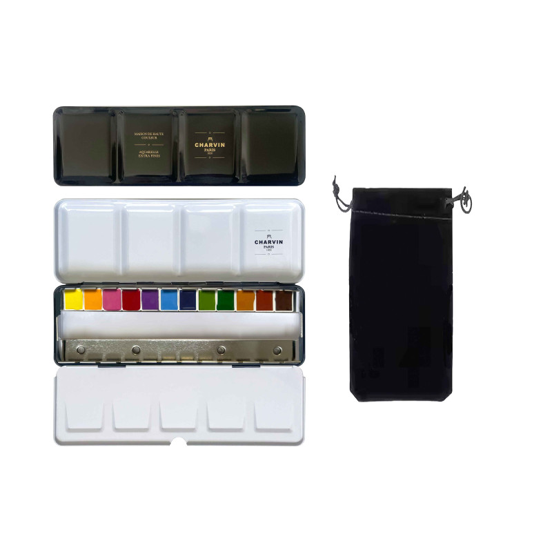 Coffret 12 ½ godets aquarelles extra-fines en métal + 12 emplacements vides + pinceau Charvin