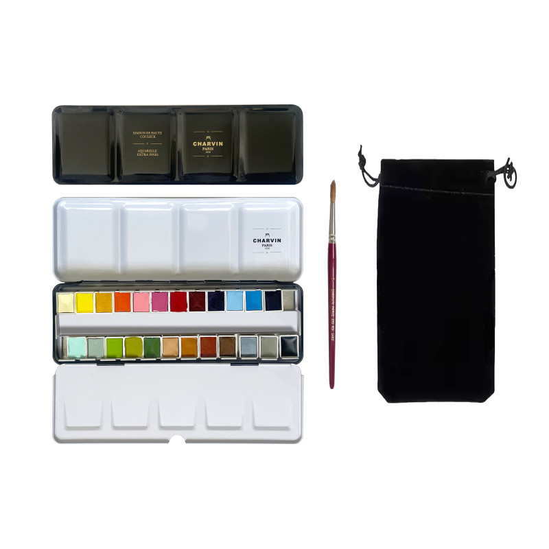 Coffret 24 ½ godets aquarelles extra-fines en métal + pinceau Charvin