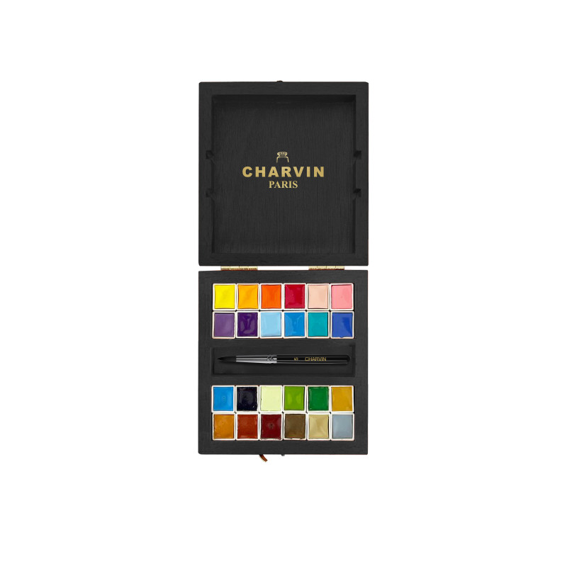 Coffret de voyage 24½ godets aquarelles extra-fines en bois Charvin