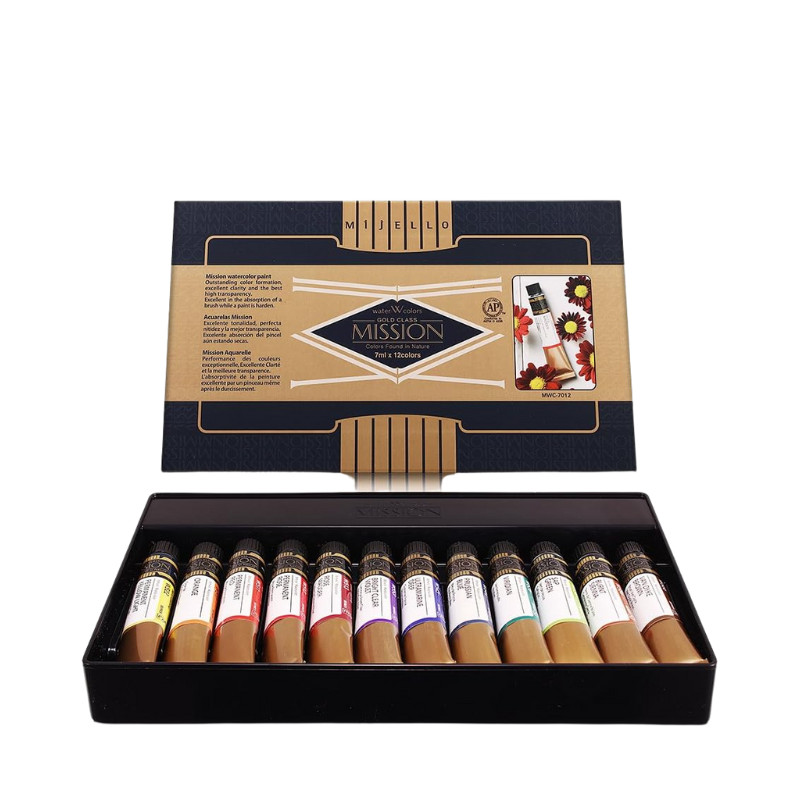 Coffret 12 Tubes 7ml aquarelle mission gold class extra-fines en carton Mijello