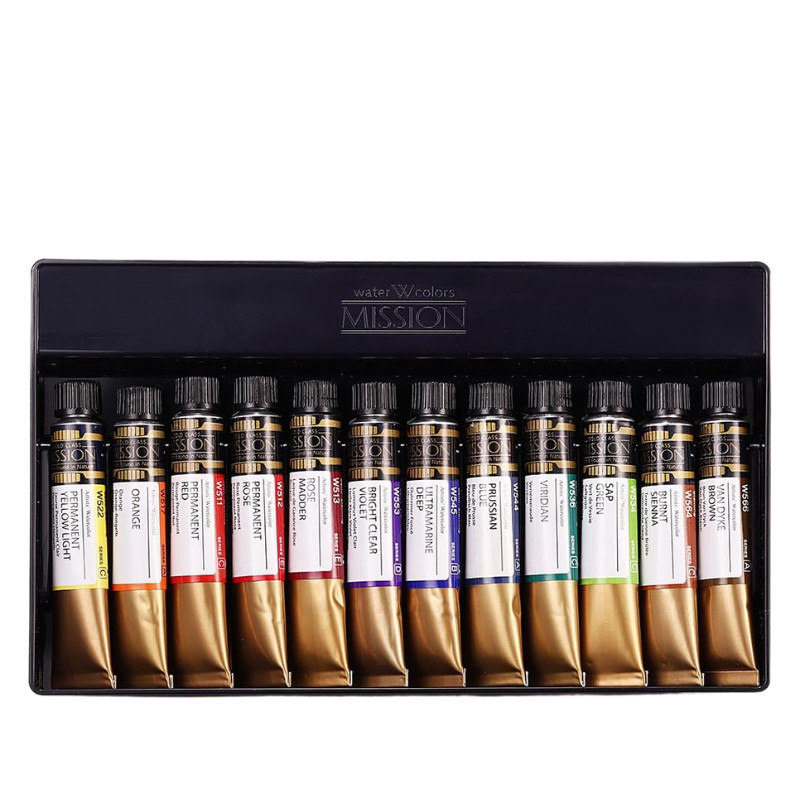 Coffret 12 Tubes 7ml aquarelle mission gold class extra-fines en carton Mijello