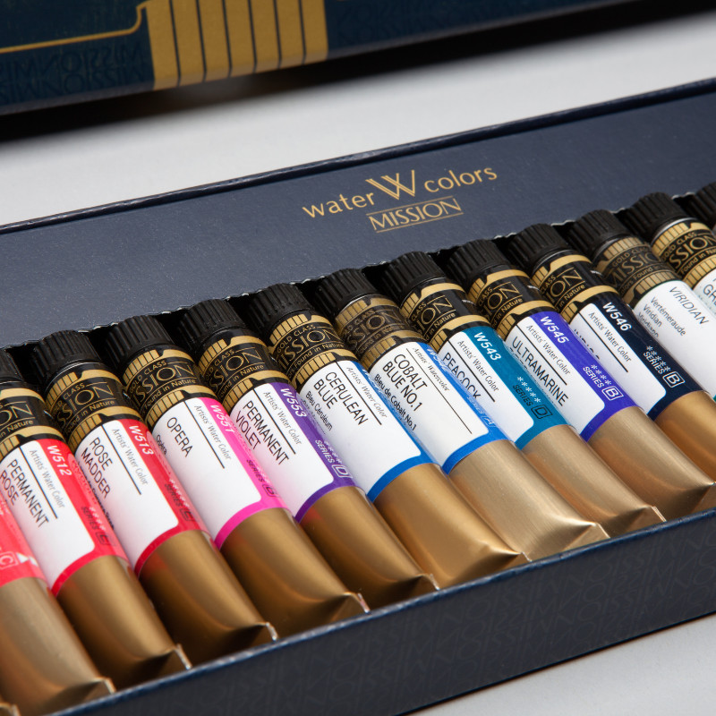 Coffret 24 Tubes 7ml aquarelle mission gold class extra-fines en carton Mijello