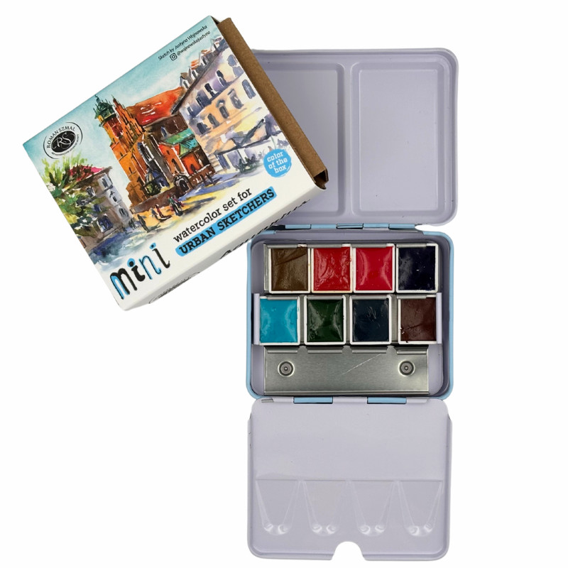 Coffret mini 8 ½ godets d'aquarelle extra-fine en métal bleu Roman Szmal
