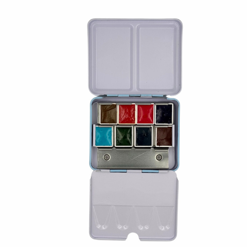 Coffret mini 8 ½ godets d'aquarelle extra-fine en métal bleu Roman Szmal