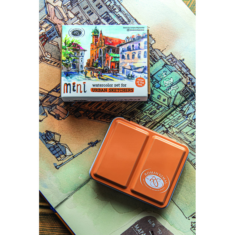 Coffret mini 8 ½ godets d'aquarelle extra-fine en métal abricot Roman Szmal
