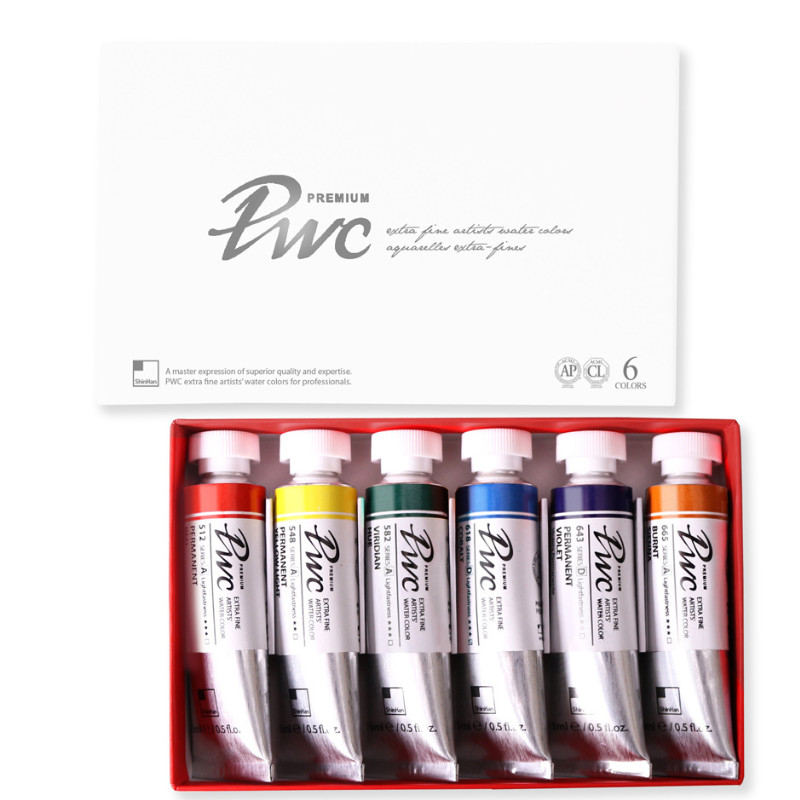Coffret Set A 6 Tubes 15ml aquarelles extra-fines PWC en carton ShinHan