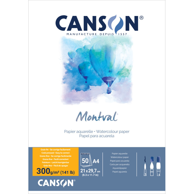Maxi bloc collé 1 côté Montval Canson A4 300g 50 f grain fin