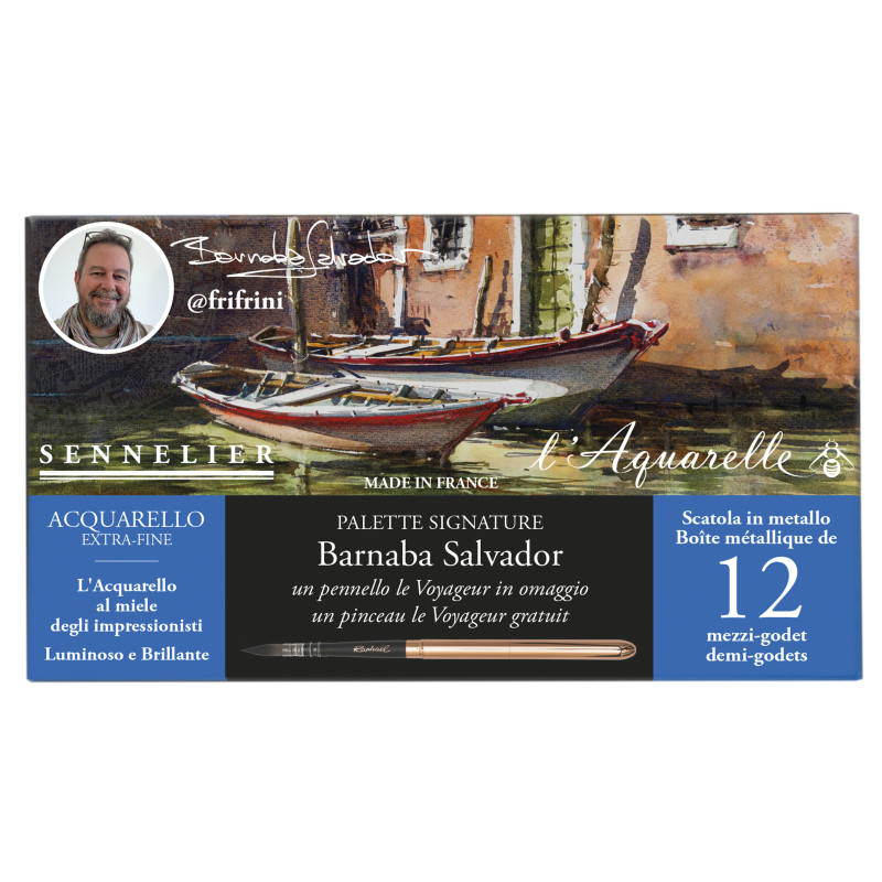 Palette signature Barnaba Salvador 12½ godets + 1 pinceau Le voyageur Sennelier