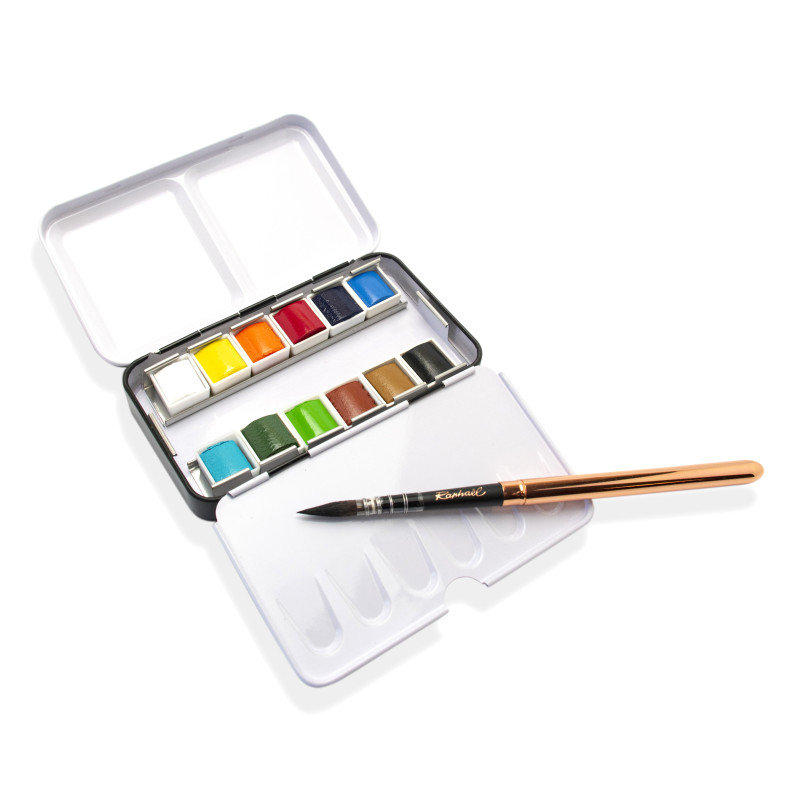 Palette signature Barnaba Salvador 12½ godets + 1 pinceau Le voyageur Sennelier
