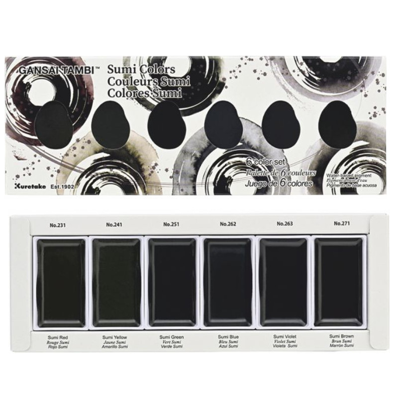 Coffret teintes sumi 6 godets japonais aquarelle Gansai Tambi Kuretake