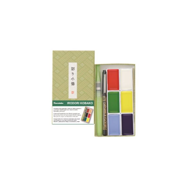 Kuretake Irodori Kobako - watercolour set - 6 Gansaï tambi pans, 1 waterbrush H2