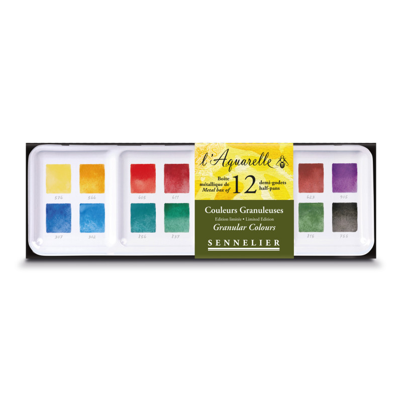 Boîte métal couleurs granuleuses 12½ godets d'aquarelle extra-fine Sennelier