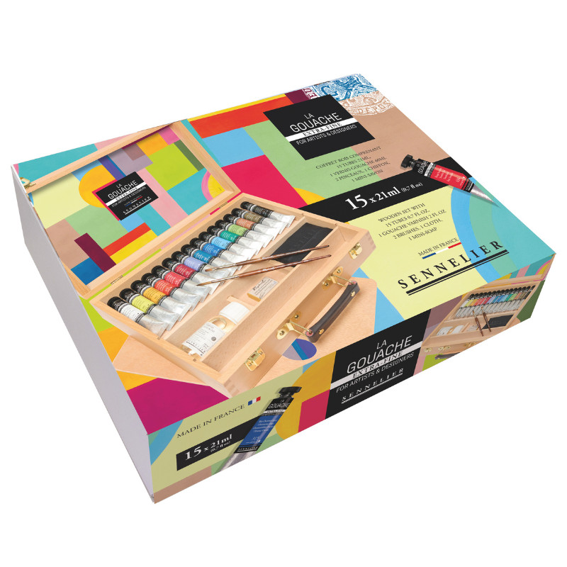 Coffret 15 Tubes 21ml gouache, 2 pinceaux, 1 vernis et accessoires Sennelier