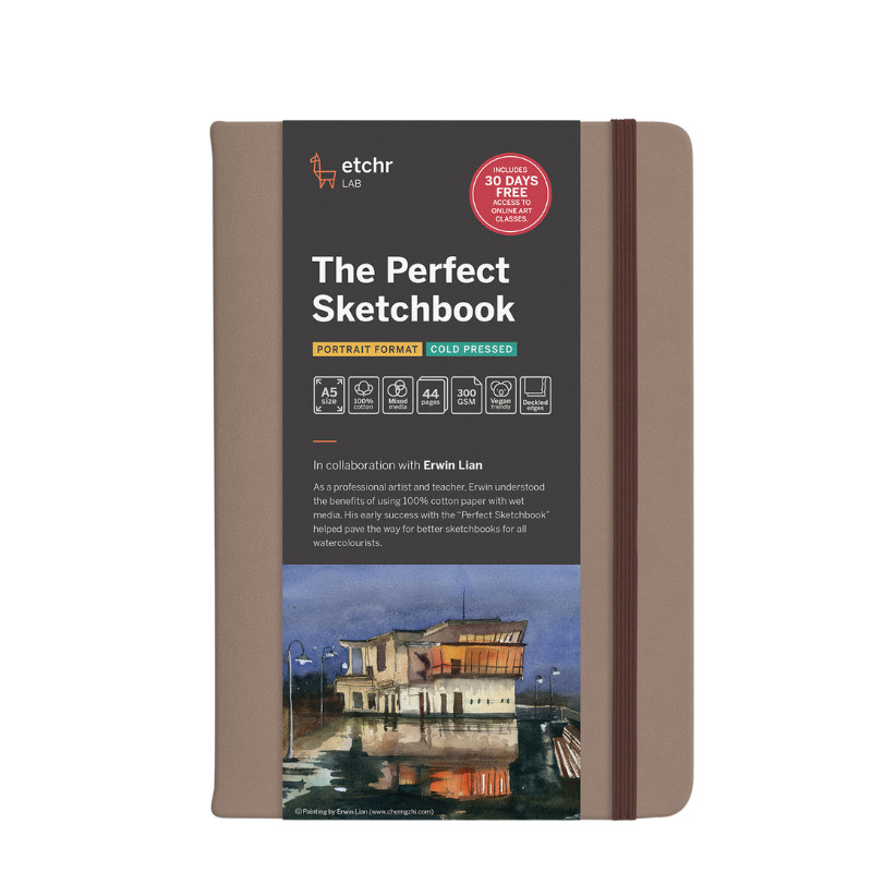 Perfect Sketchbook A5 300g 100% coton 44 pages grain fin format portrait bord frangé Etchr Lab