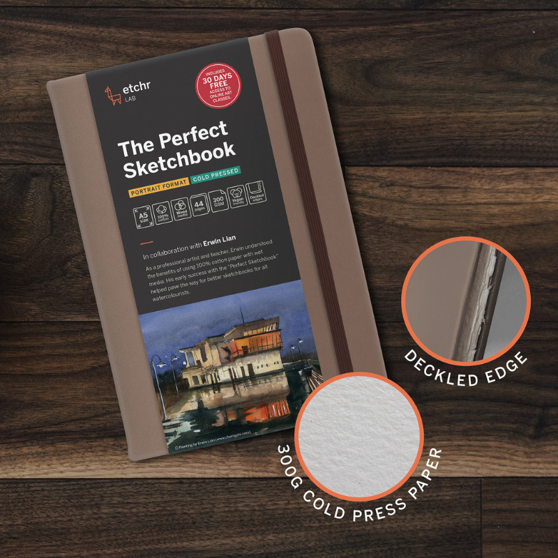 Perfect Sketchbook A5 300g 100% coton 44 pages grain fin format portrait bord frangé Etchr Lab