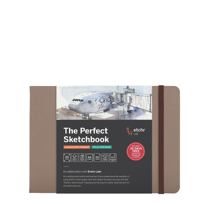 Perfect Sketchbook A5 300g 100% coton 44 pages grain fin format paysage bord frangé Etchr Lab