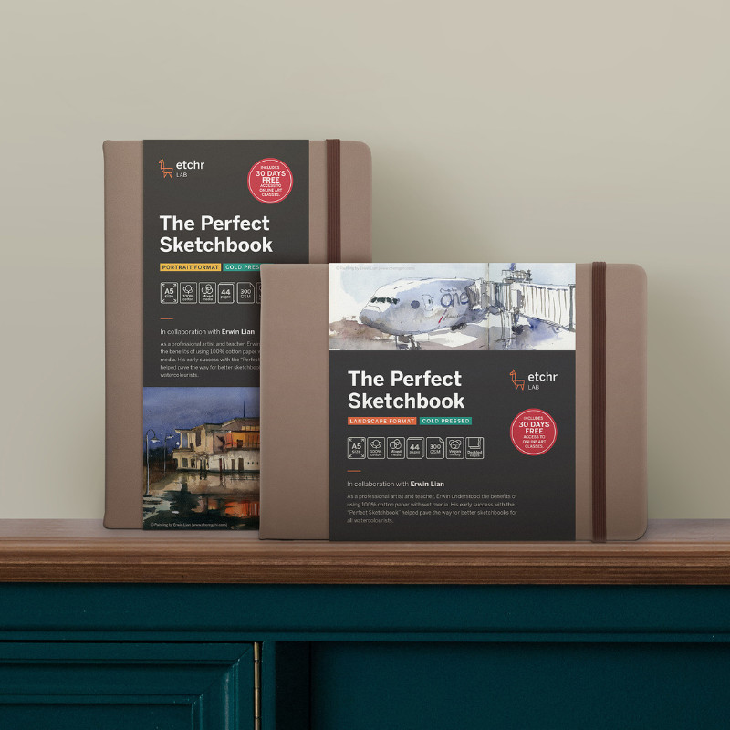 Perfect Sketchbook A5 300g 100% coton 44 pages grain fin format paysage bord frangé Etchr Lab