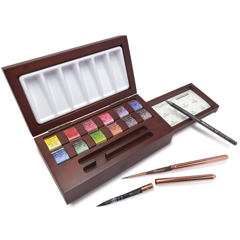 Coffret 12 ½ godets aquarelle + 2 pinceaux ennoyer Sennelier