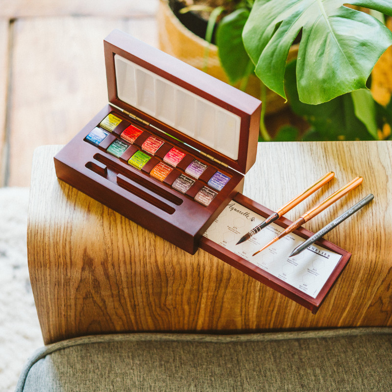 Coffret 12 ½ godets aquarelle + 2 pinceaux ennoyer Sennelier