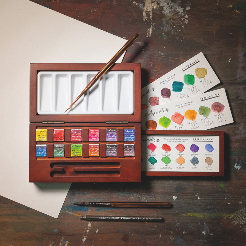 Coffret 12 ½ godets aquarelle + 2 pinceaux ennoyer Sennelier