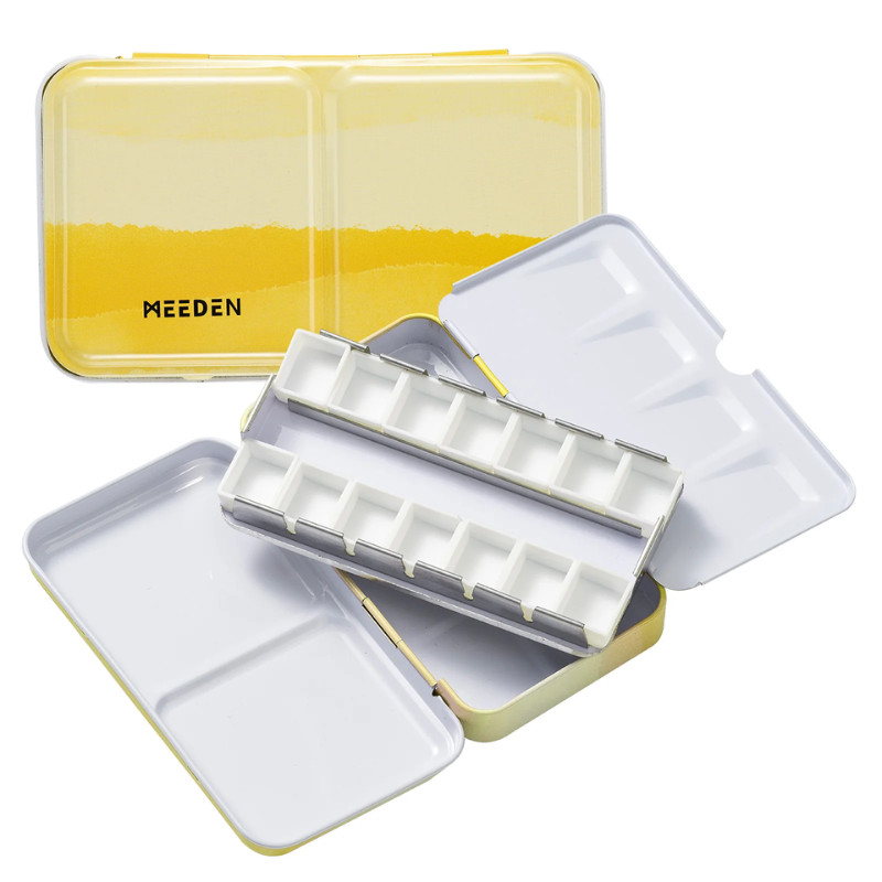 Boîte métal jaune avec 12 ½ godets vides Meeden
