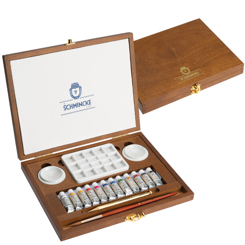 Coffret bois rétro12 tubes 5 ml Horadam Aquarell + accessoires Schmincke