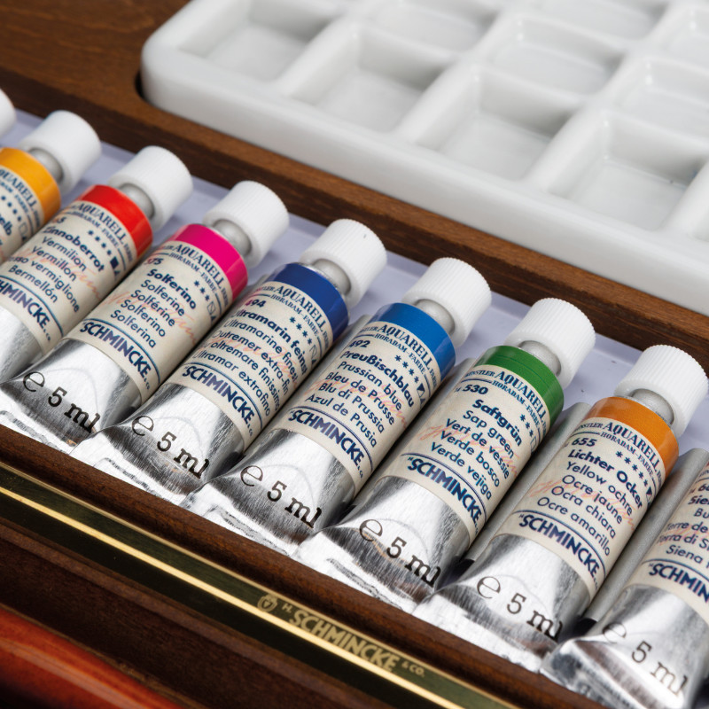 Coffret bois rétro12 tubes 5 ml Horadam Aquarell + accessoires Schmincke