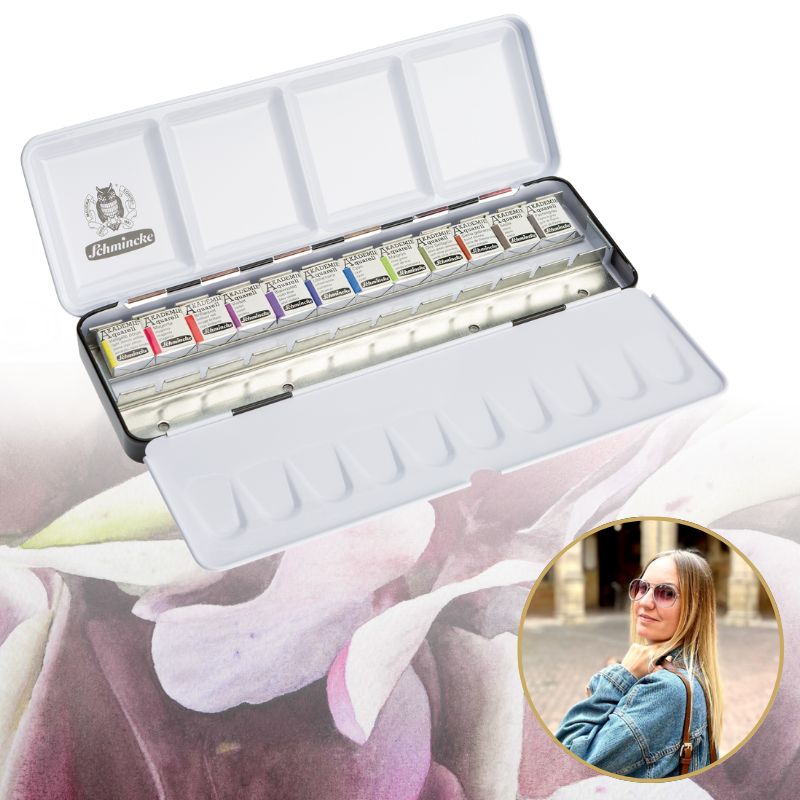 Boîte métal "Hortensia" 12 ½ godets + 12 vides Akademie Aquarell Schmincke
