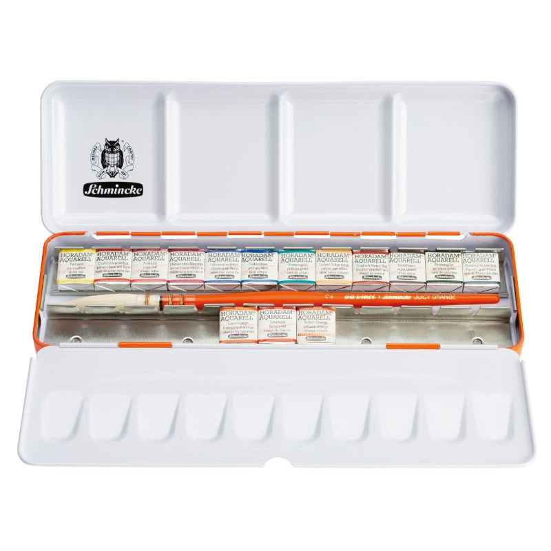 Boîte métal "Juicy Orange" 15 ½ godets + 9 vides + 1 pinceau Da Vinci Horadam Schmincke