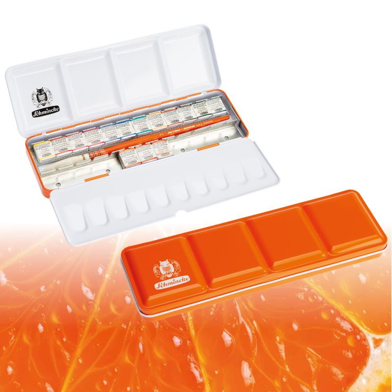 Boîte métal "Juicy Orange" 15 ½ godets + 9 vides + 1 pinceau Da Vinci Horadam Schmincke