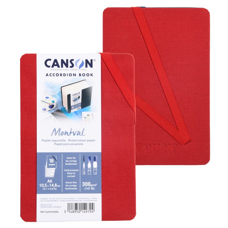 Carnet accordéon Montval A6 10,5x14,8 300g 8 f grain fin Rouge Canson