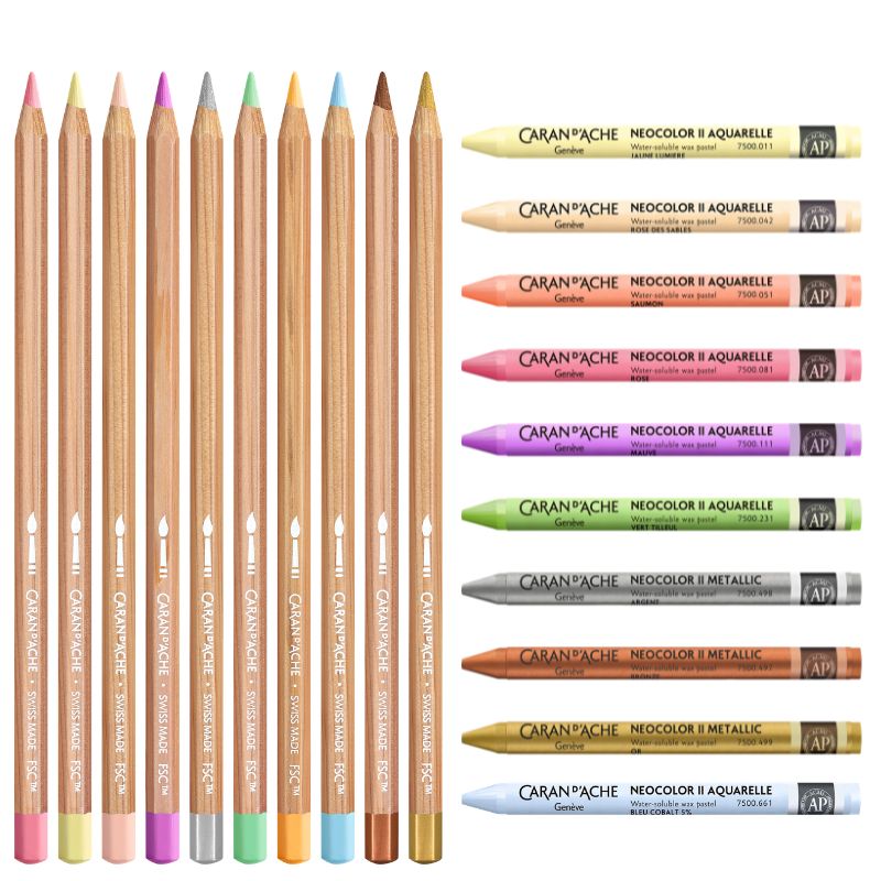 Coffret édition spéciale Toile de Jouy 10 crayons aquarellables et 10 pastels Neocolor II Caran d'Ache