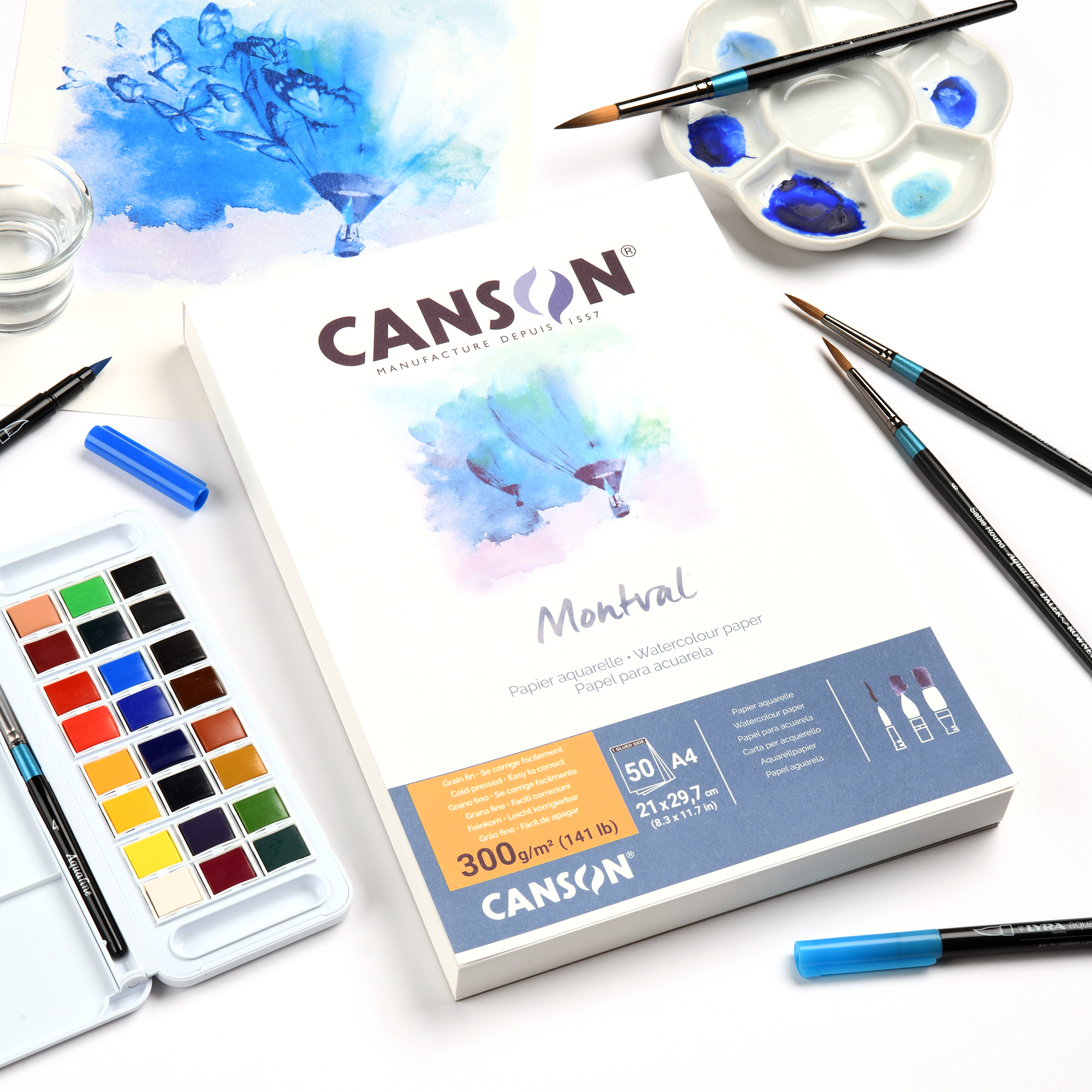 Bloc de papier Montval Canson ouvert avec palette d'aquarelle