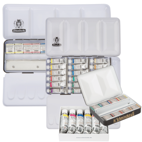 Boîte Aquarelle Schmincke Horadam - 15 Demi-Godets Métal Rose - 12 Couleurs + 3 Roses - Avec Pinceau