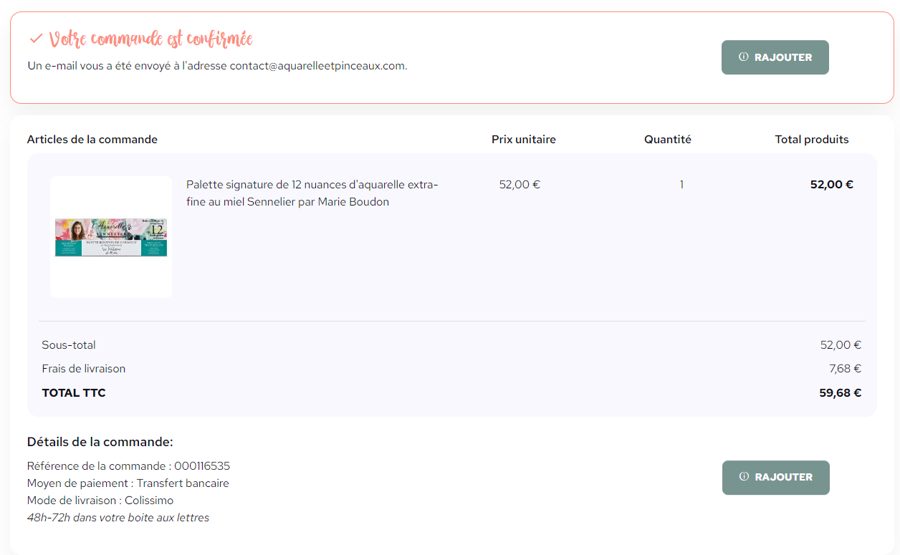 Page de confirmation avec le bouton Rajouter