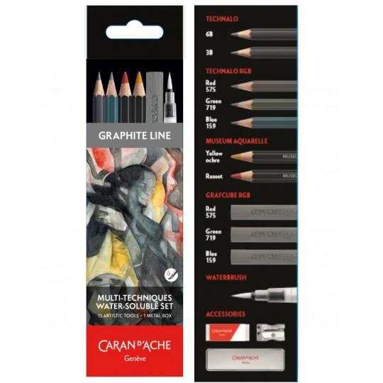 Set aquarellable 13 outils graphite line Caran d'ache Boîte métal