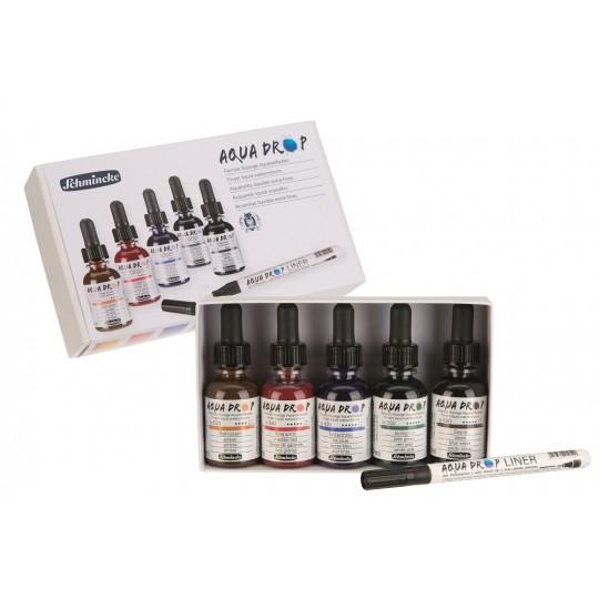 Set 5 couleurs 30ml Aqua drop avec pinceau Liner Schmincke