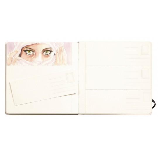 Carnets cousu 21x21cm Fontaine entoilé blanc 300g satiné 24F + 12 cartes postales préimprimés
